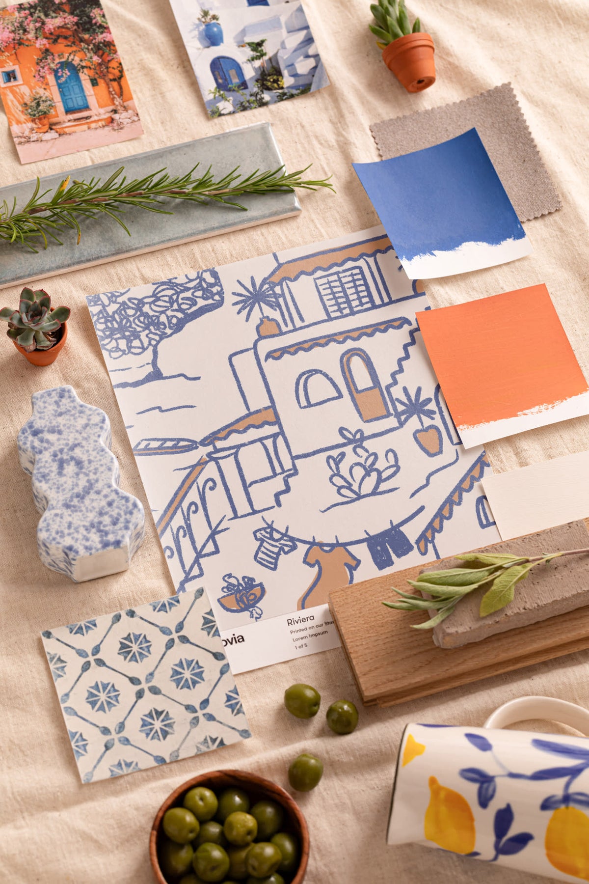 Angled detail of The Coastline Terrace wallpaper in cobalt blue
