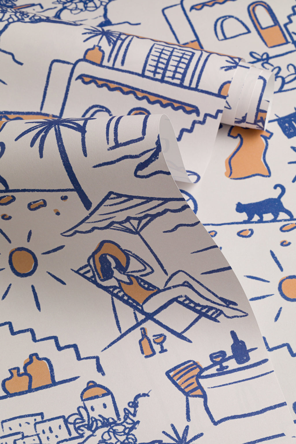 The Coastline Terrace wallpaper in cobalt blue shown in a close, angled view