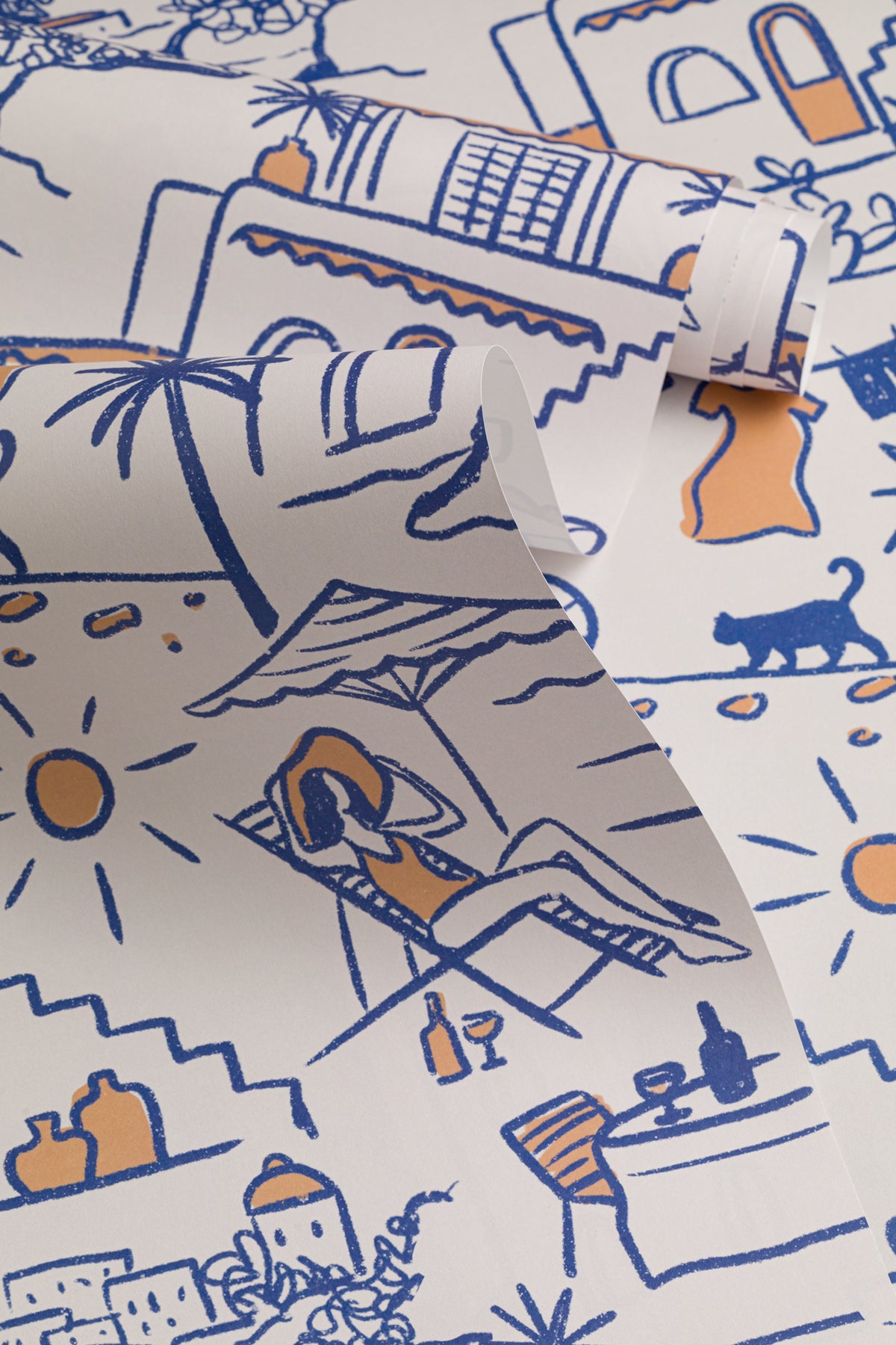 The Coastline Terrace wallpaper in cobalt blue shown in a close, angled view