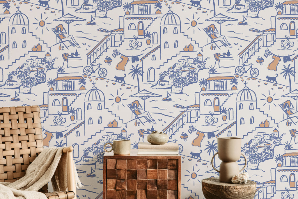 The Coastline Terrace wallpaper in cobalt blue behind a dining table