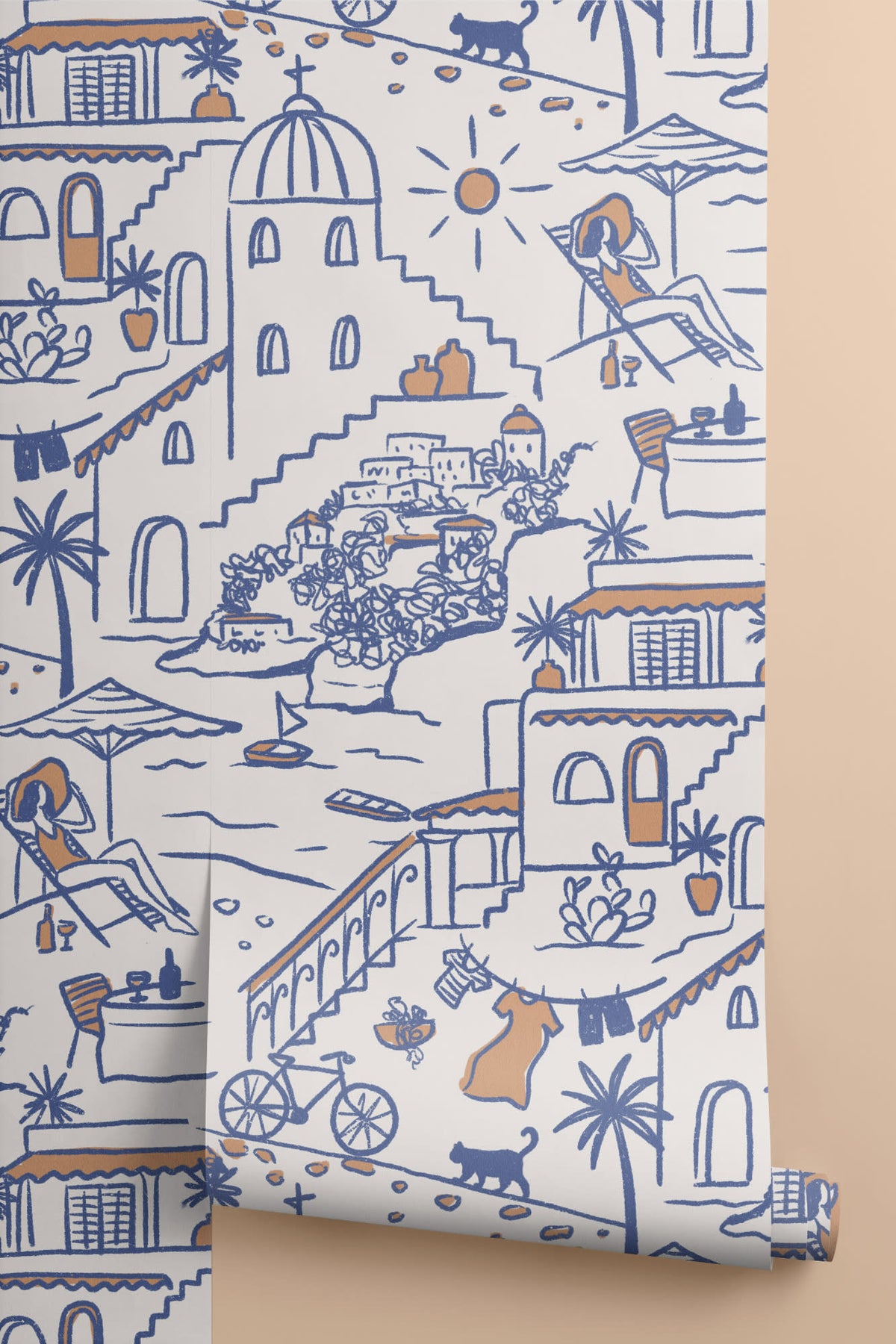 Roll of The Coastline Terrace wallpaper in cobalt blue, another angle