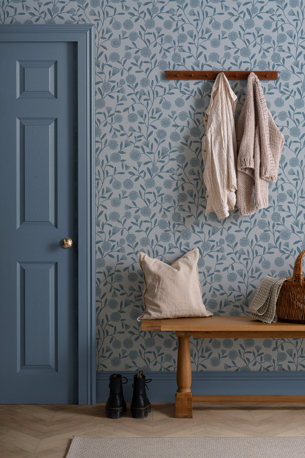 The Cottage Daisy wallpaper in denim blue in a hallway