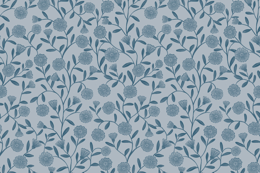 Flat pattern view of The Cottage Daisy wallpaper in denim blue, showing the ditsy daisies and leaves