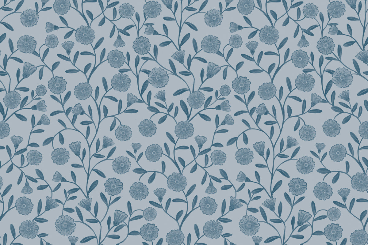 Flat pattern view of The Cottage Daisy wallpaper in denim blue, showing the ditsy daisies and leaves
