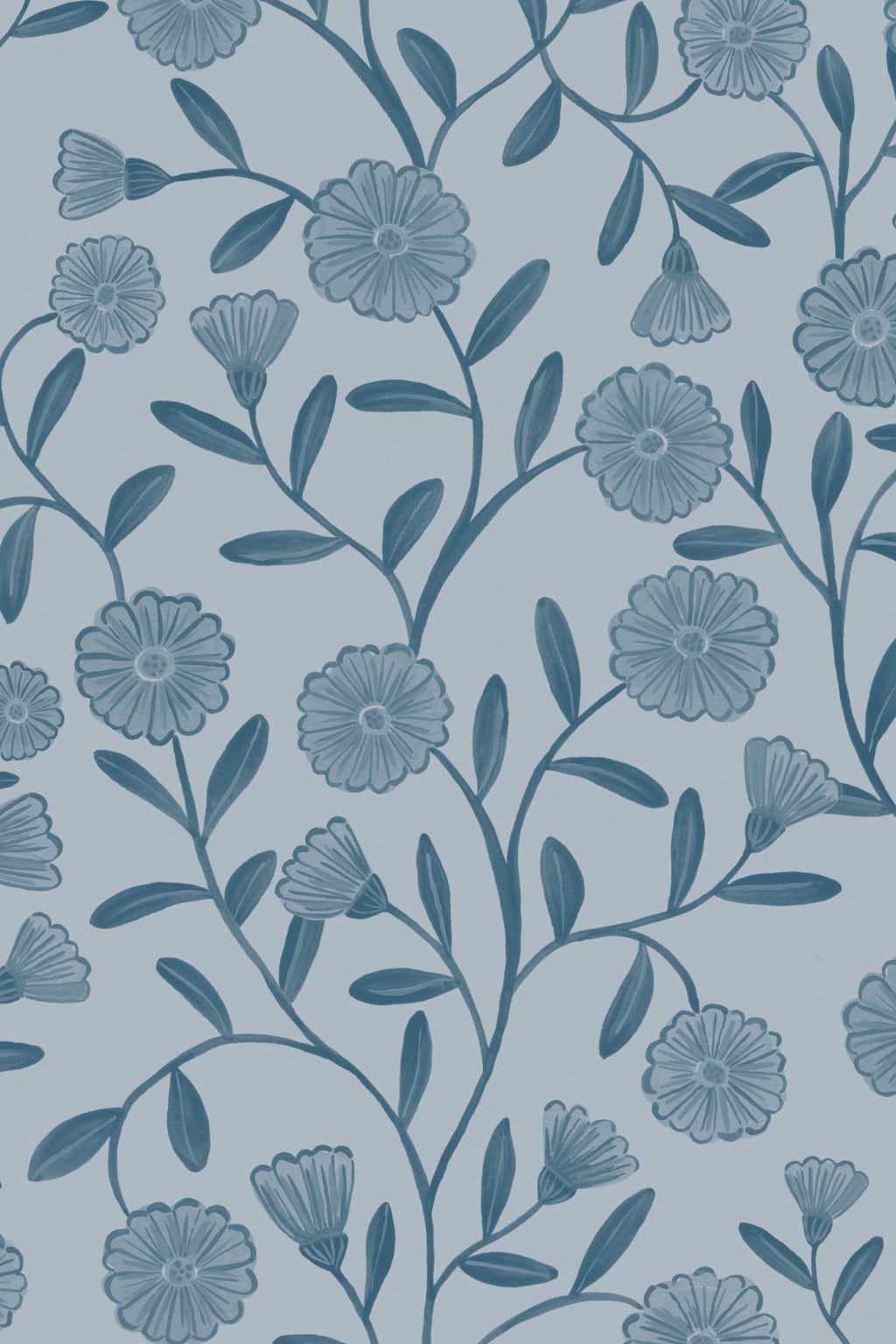 Close-up of The Cottage Daisy wallpaper in denim blue showing the ditsy daisies and leaves in detail
