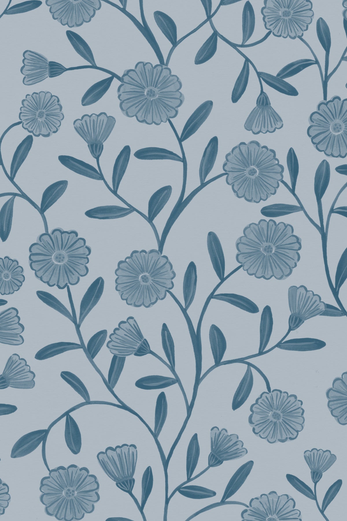 Close-up of The Cottage Daisy wallpaper in denim blue showing the ditsy daisies and leaves in detail