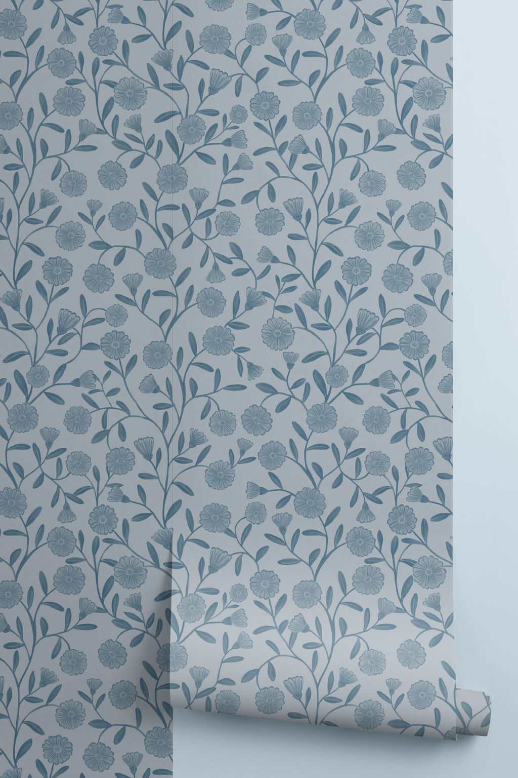 Roll of The Cottage Daisy wallpaper in denim blue