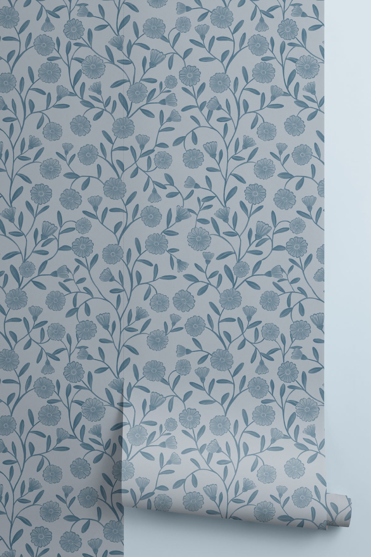 Roll of The Cottage Daisy wallpaper in denim blue