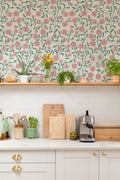 The Cottage Daisy wallpaper in rose pink in a kitchen