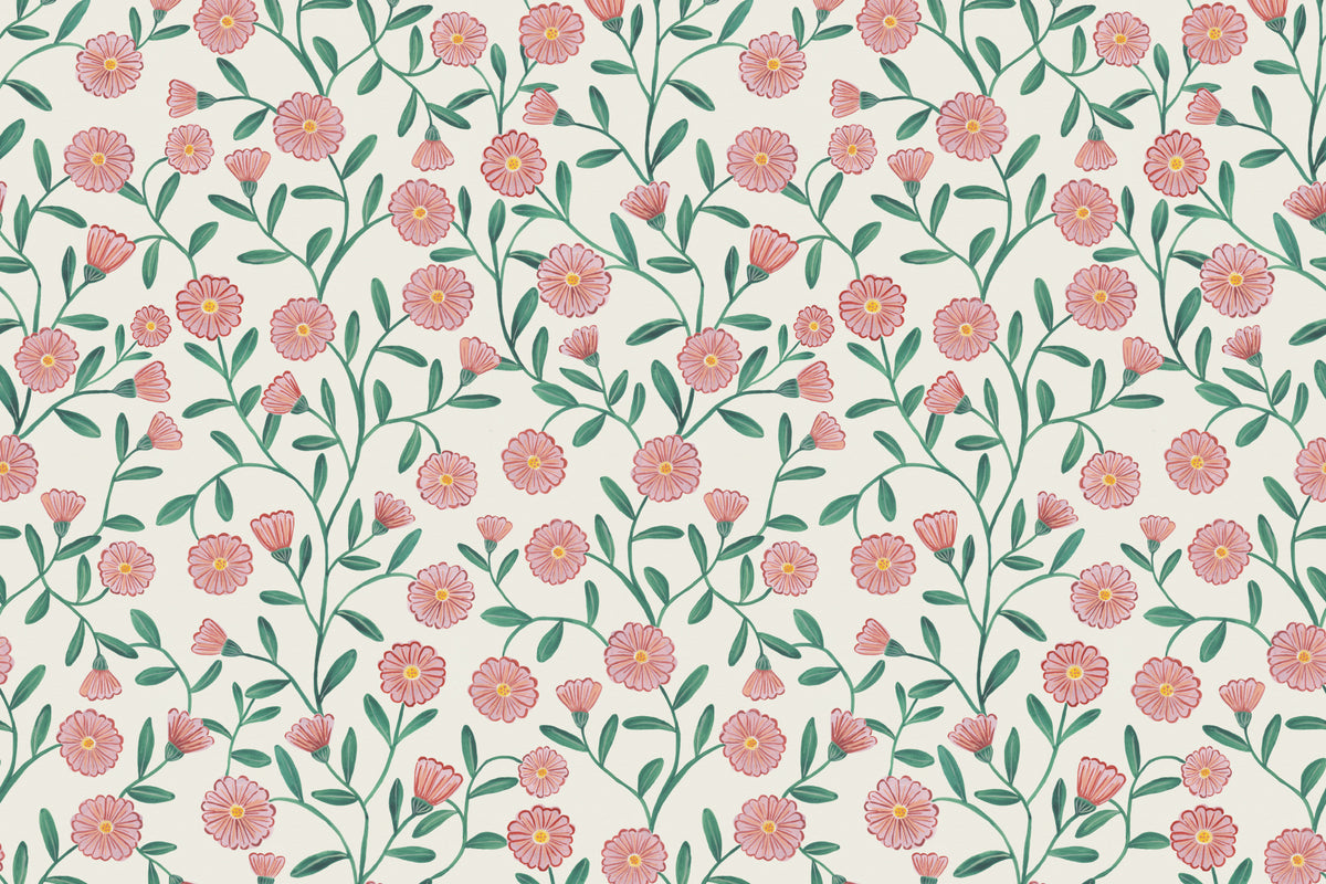 Flat pattern view of The Cottage Daisy wallpaper in rose pink, showing the ditsy daisies and leaves