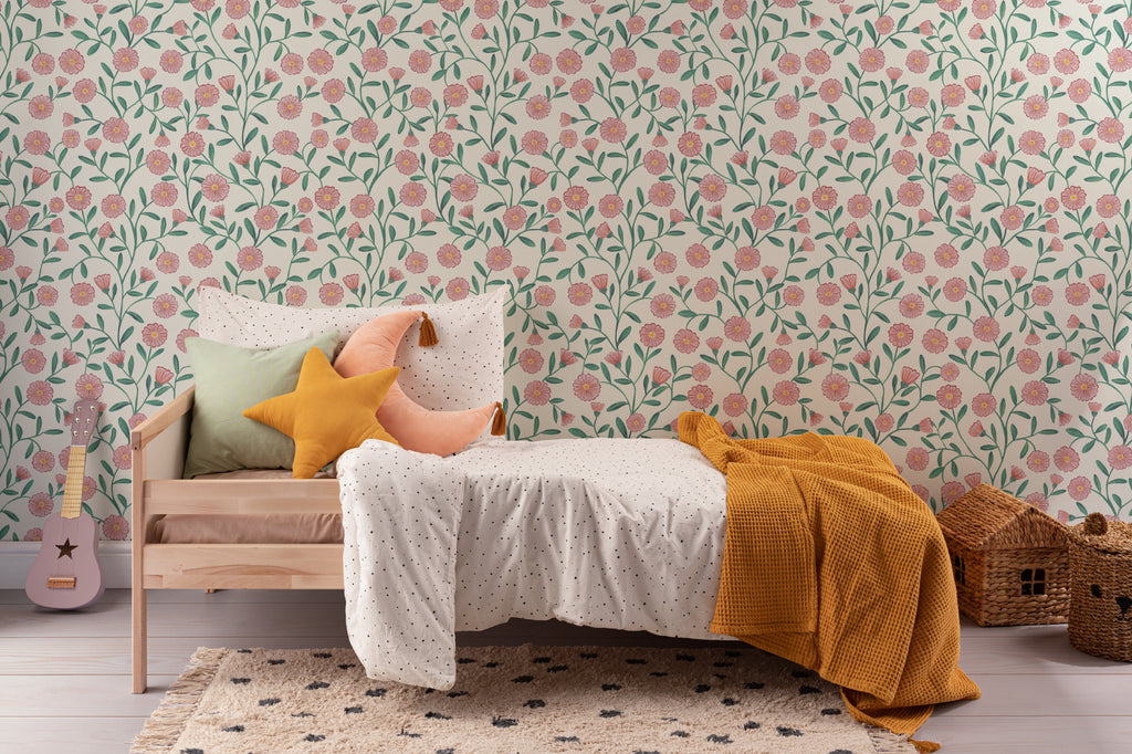 The Cottage Daisy wallpaper in rose pink in a child's bedroom