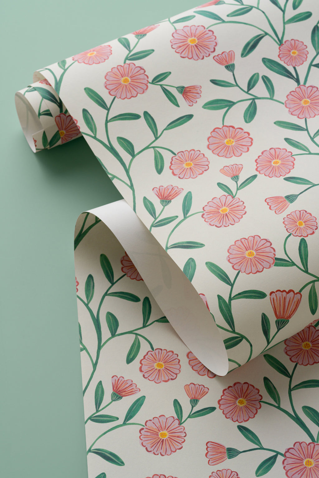 Angled detail of The Cottage Daisy wallpaper in rose pink