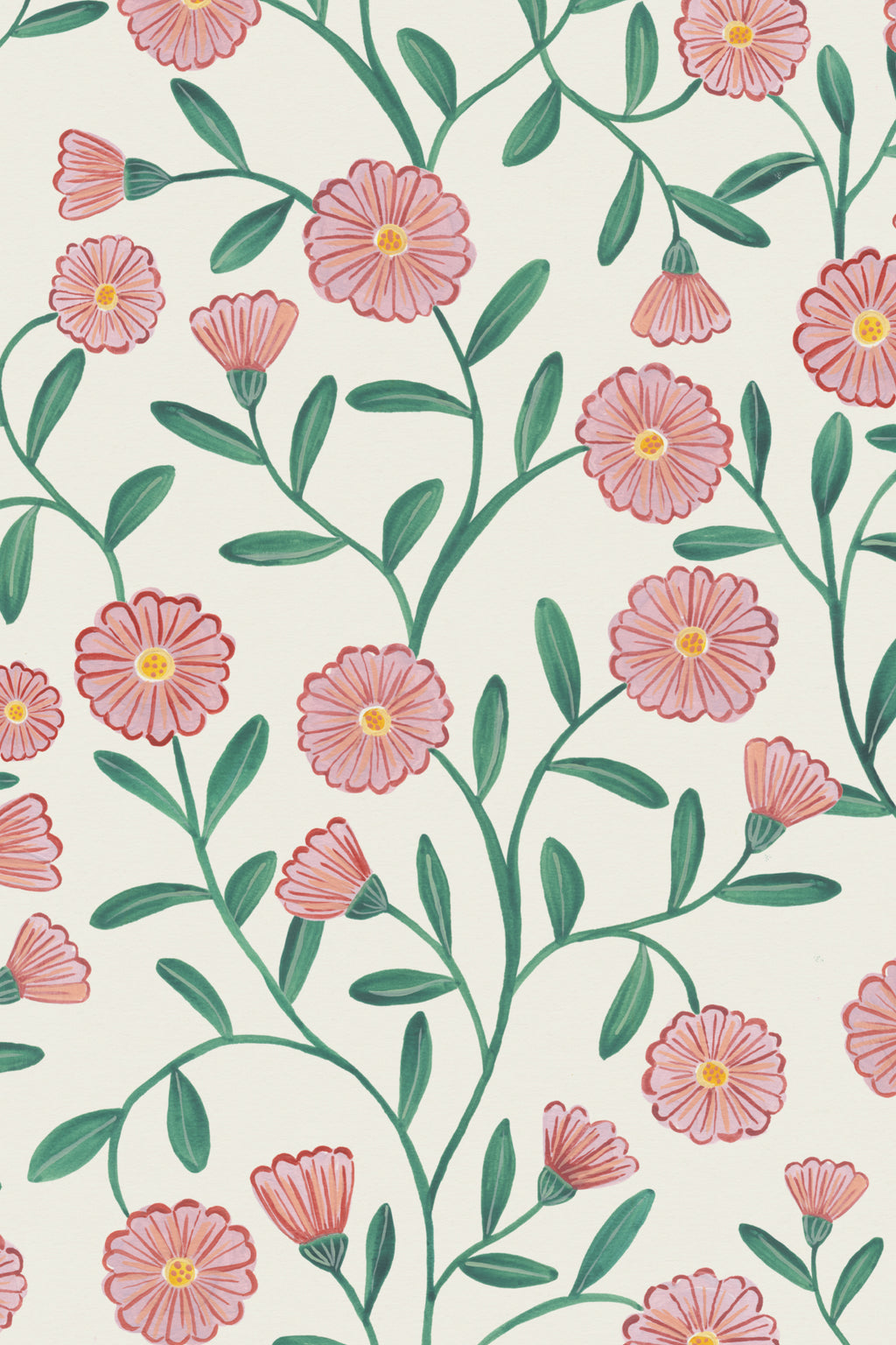 Close-up of The Cottage Daisy wallpaper in rose pink showing the ditsy daisies and leaves in detail
