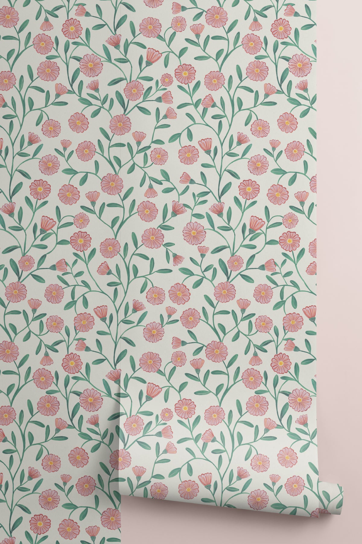 Roll of The Cottage Daisy wallpaper in rose pink