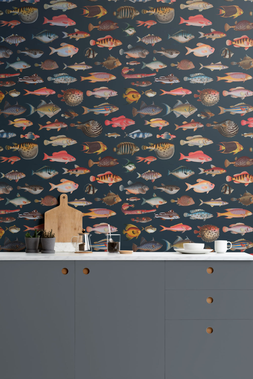 The Curio Aquarium mural in coral and ink in a bathroom