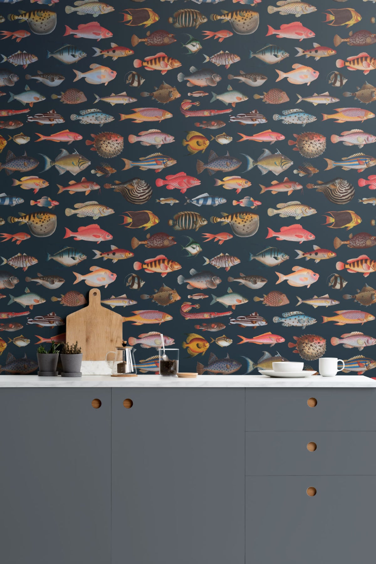 The Curio Aquarium mural in coral and ink in a bathroom