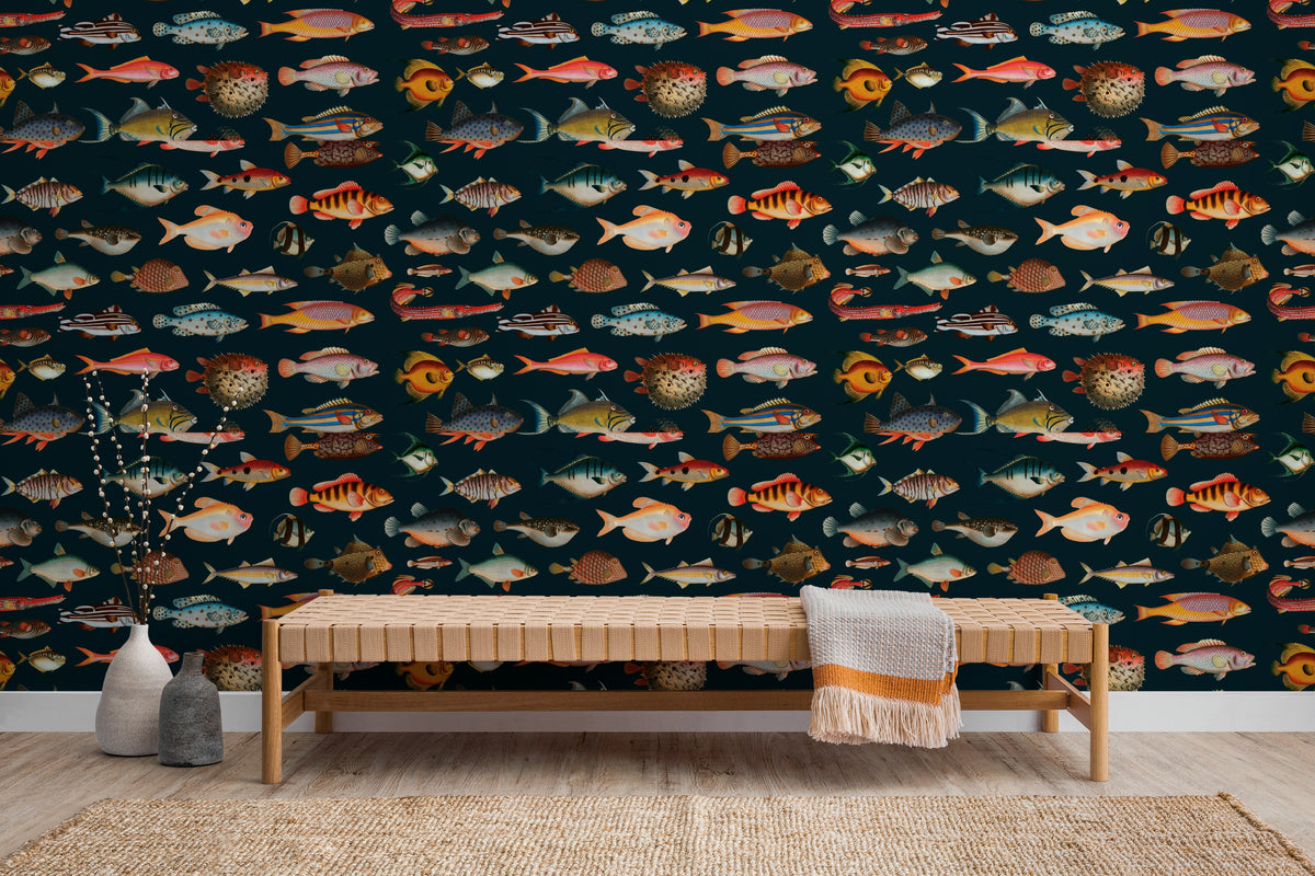 The Curio Aquarium mural in coral and ink as a backdrop to styled furniture