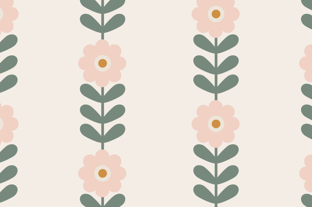 Flat pattern view of The Daisy Colonnade wallpaper in blush and oat, showing the retro daisy stems