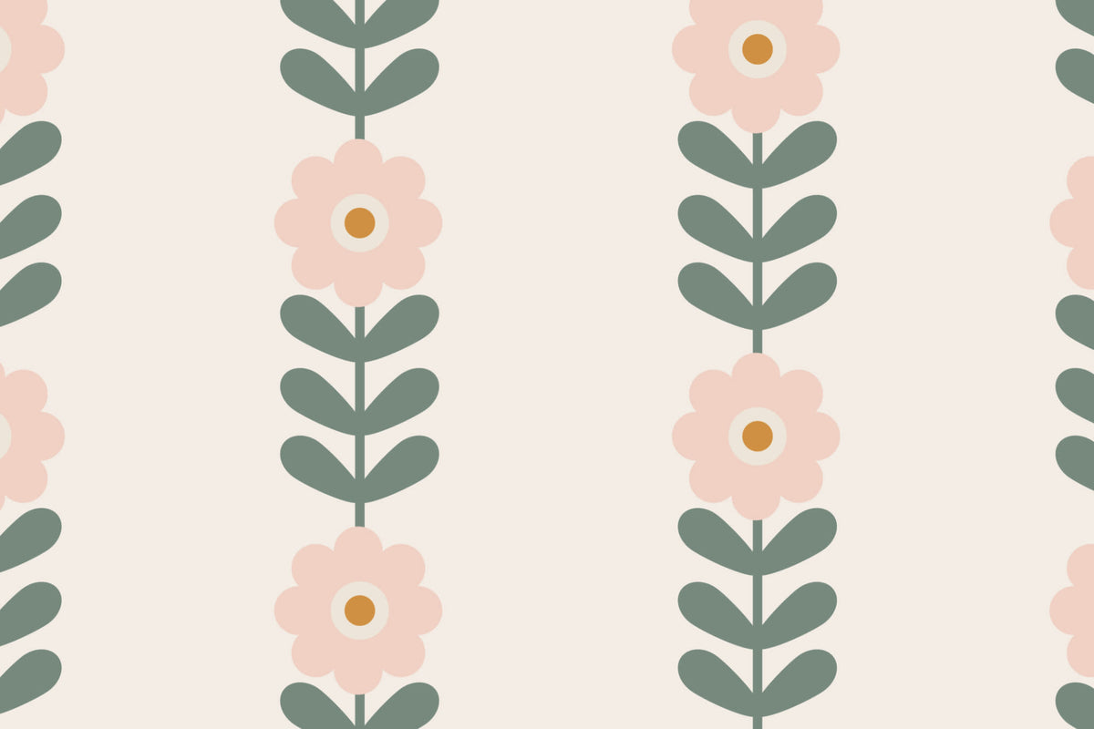 Flat pattern view of The Daisy Colonnade wallpaper in blush and oat, showing the retro daisy stems