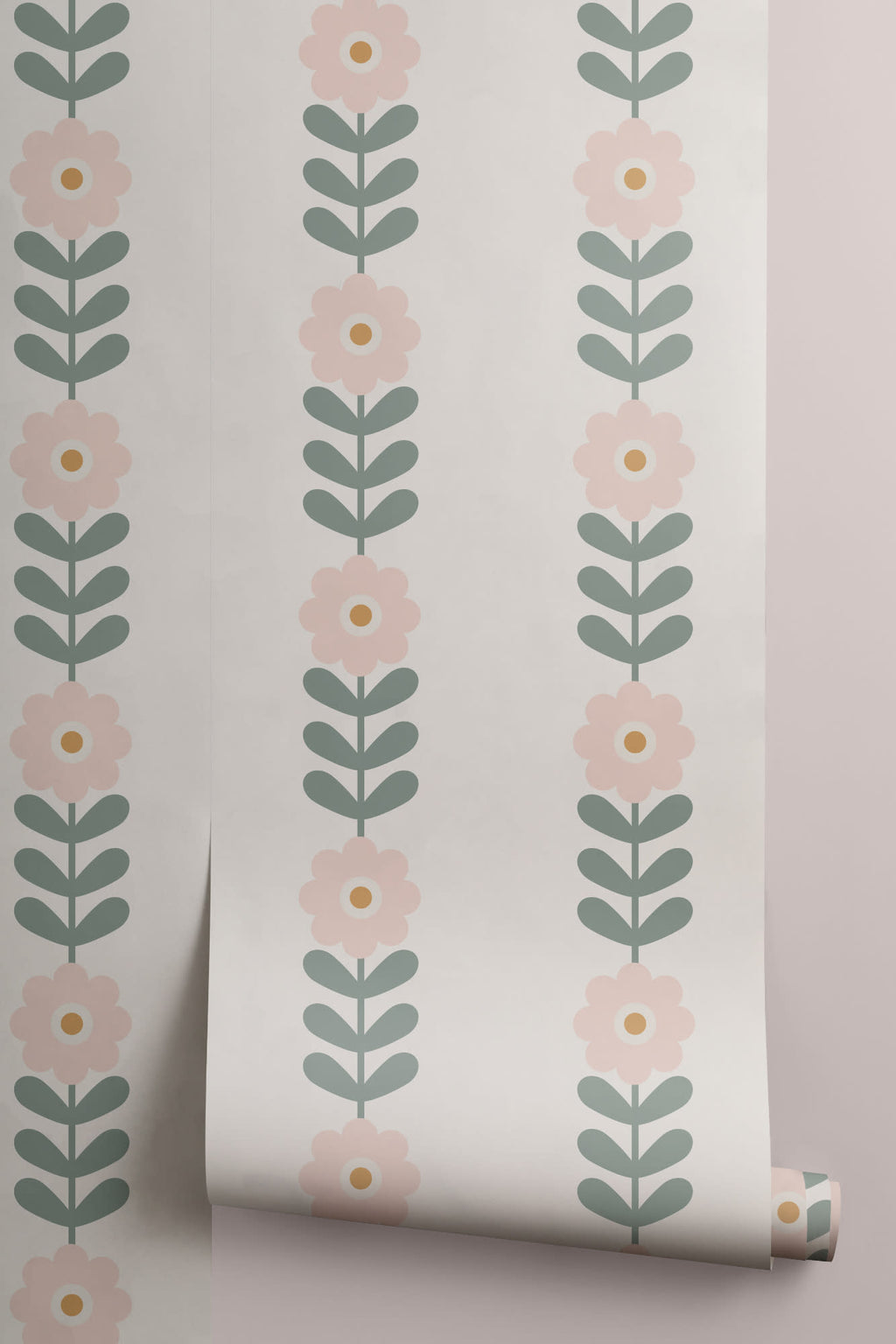 Roll of The Daisy Colonnade wallpaper in blush and oat, another angle