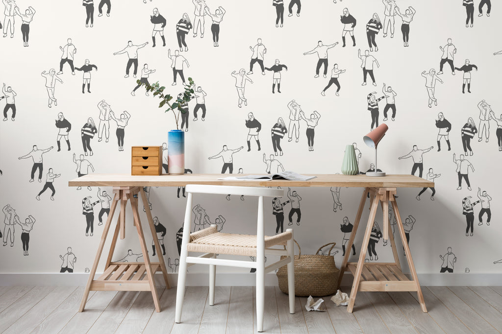 The Dancehall Sketch wallpaper in ink black and cream behind a desk in a home office