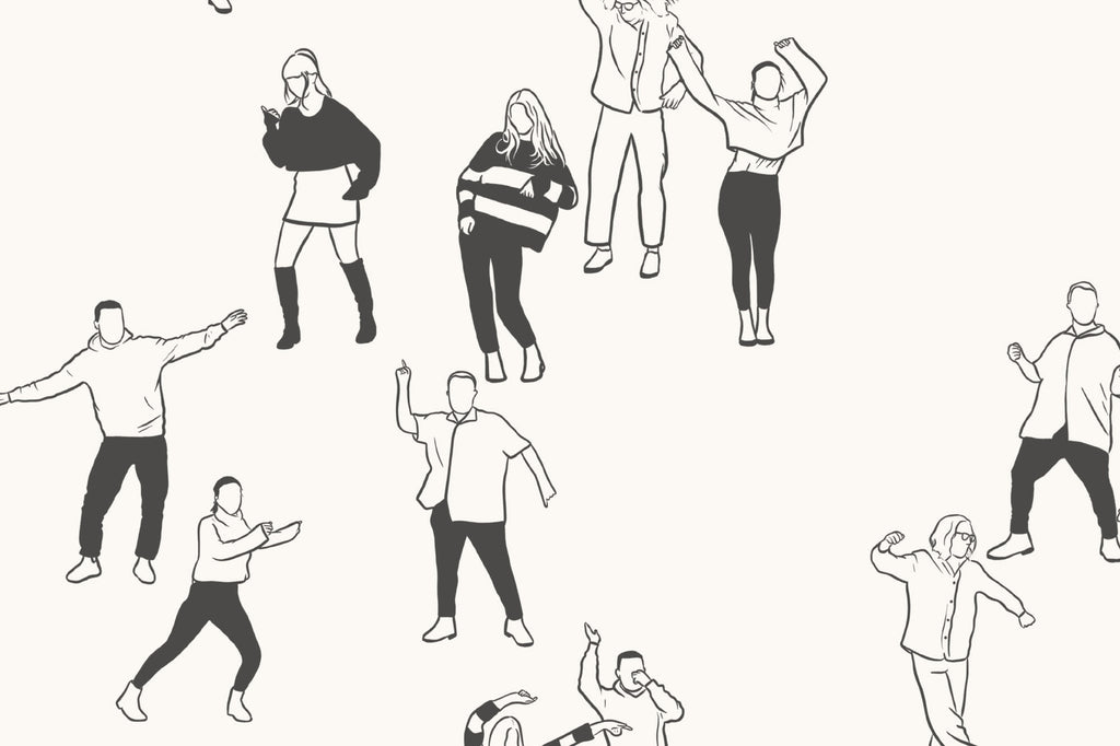 Flat pattern view of The Dancehall Sketch wallpaper in ink black and cream, showing the line-drawn dancing figures