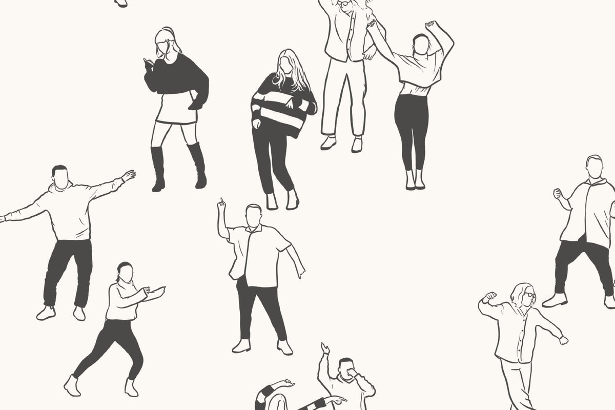 Flat pattern view of The Dancehall Sketch wallpaper in ink black and cream, showing the line-drawn dancing figures