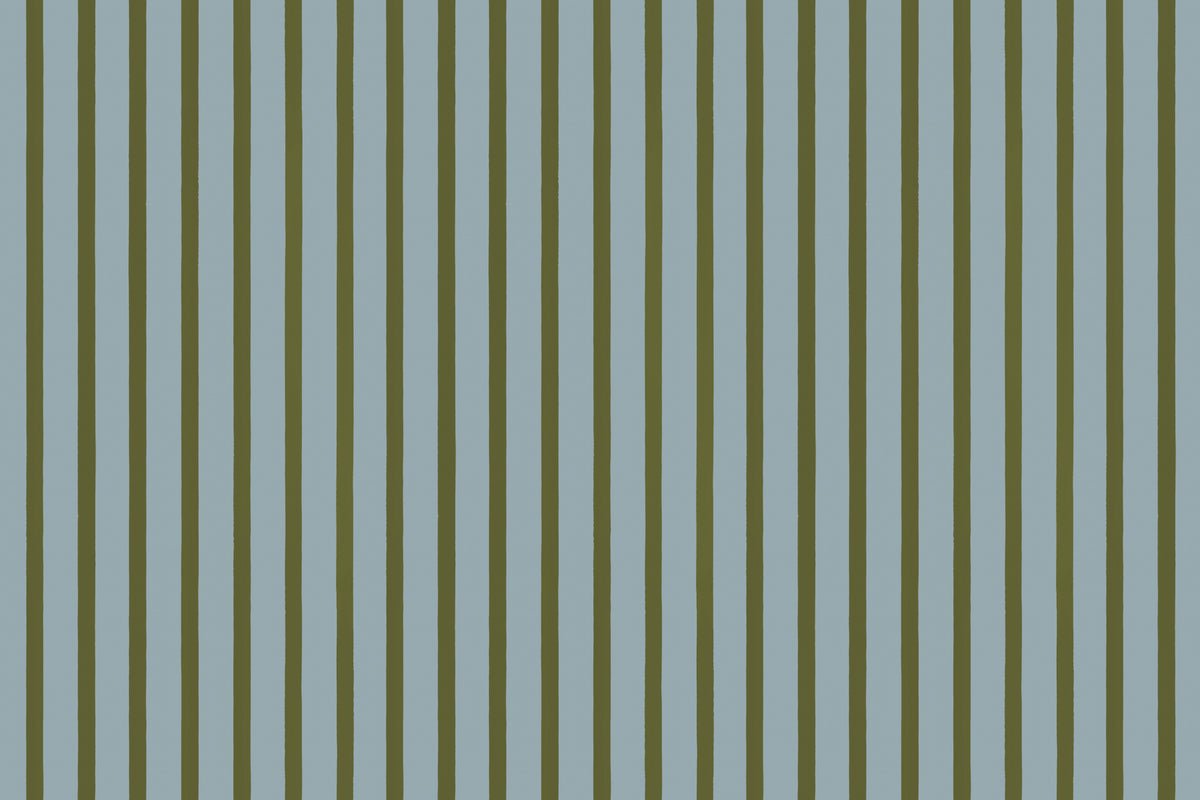Full artwork view of The Deckchair Stripe mural in sage and denim, showing even vertical stripes