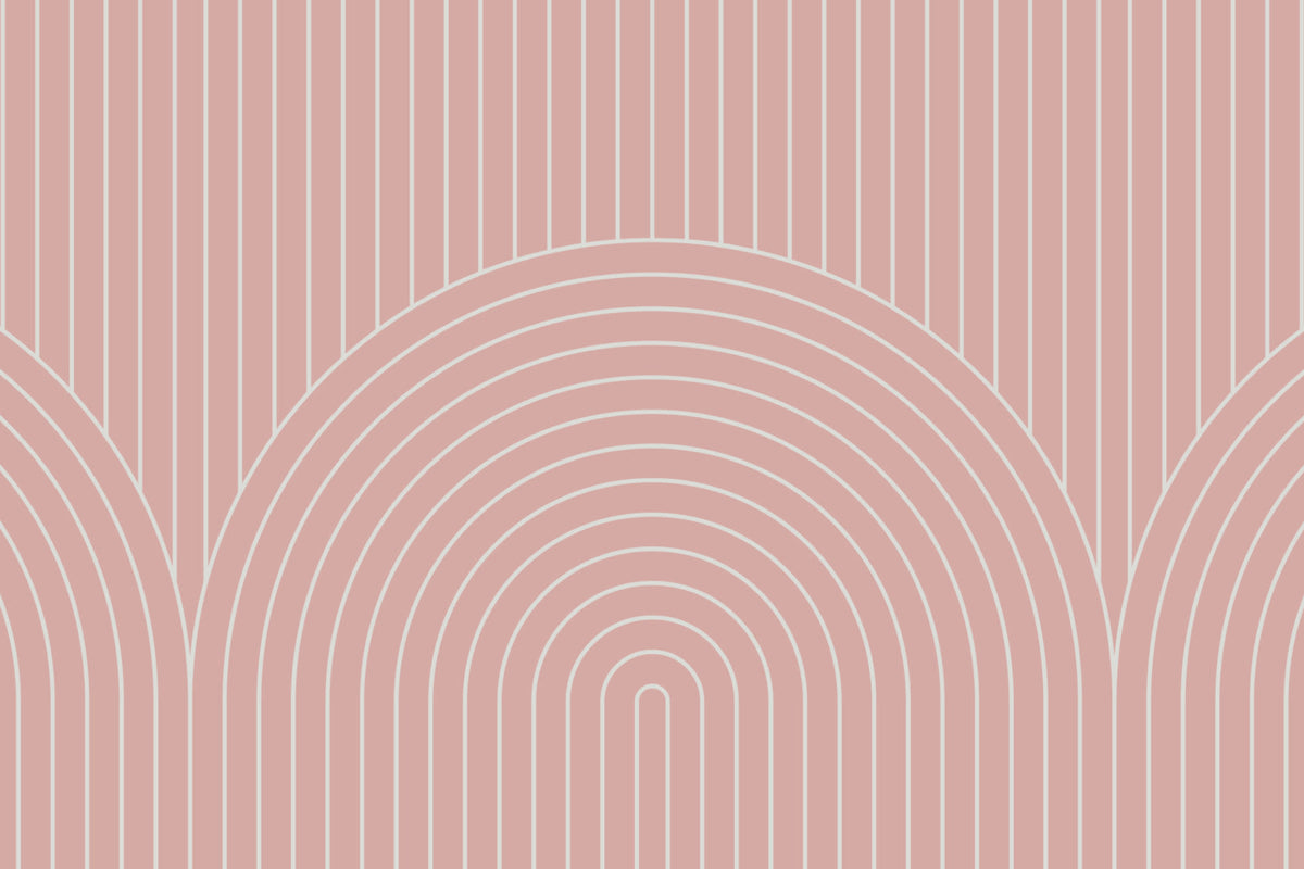 Flat pattern view of The Deco Archway wallpaper in dusty rose, showing the fine-line arches