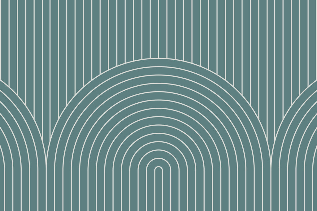 Flat pattern view of The Deco Archway wallpaper in teal green, showing the fine-line arches