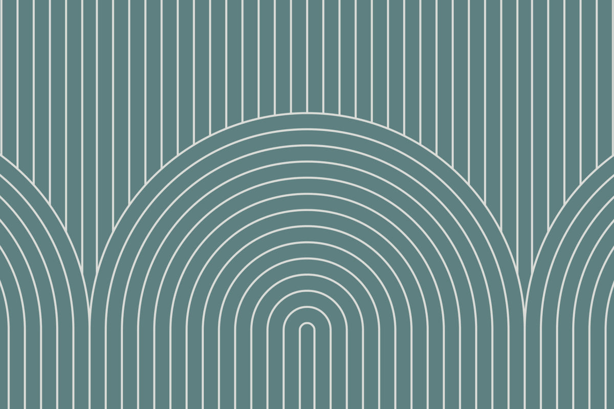 Flat pattern view of The Deco Archway wallpaper in teal green, showing the fine-line arches