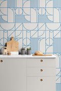 The Deco Blueprint wallpaper in azure blue in a kitchen