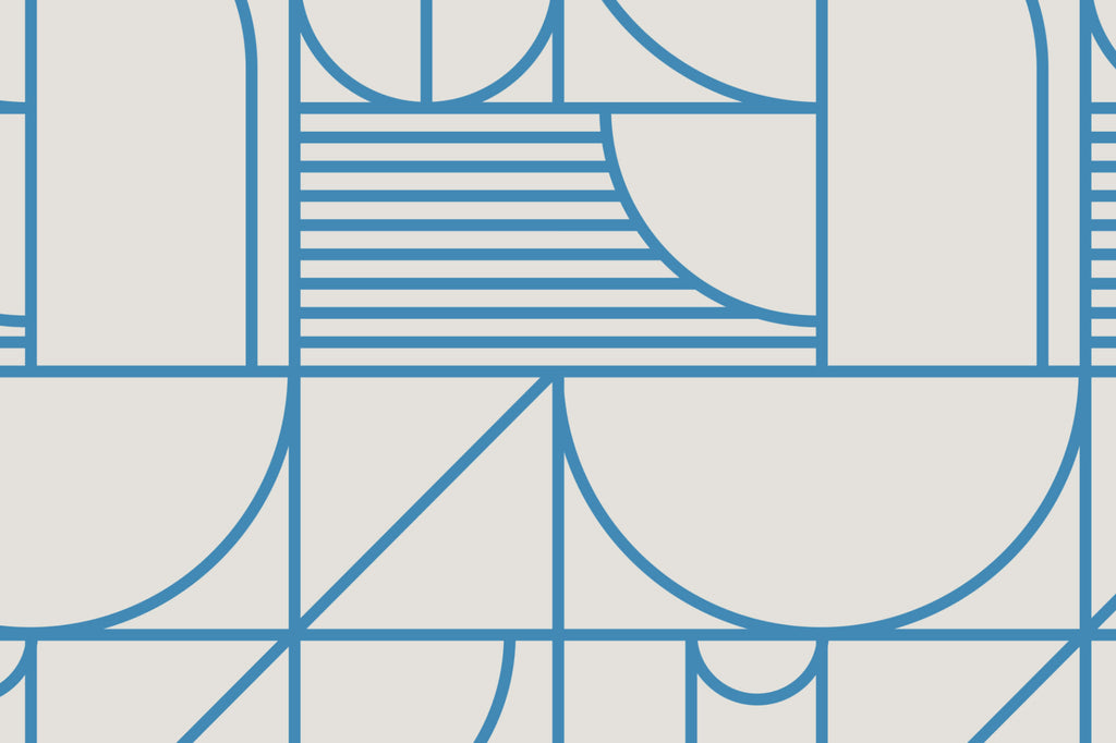 Flat pattern view of The Deco Blueprint wallpaper in azure blue, showing the geometric arches and grid lines