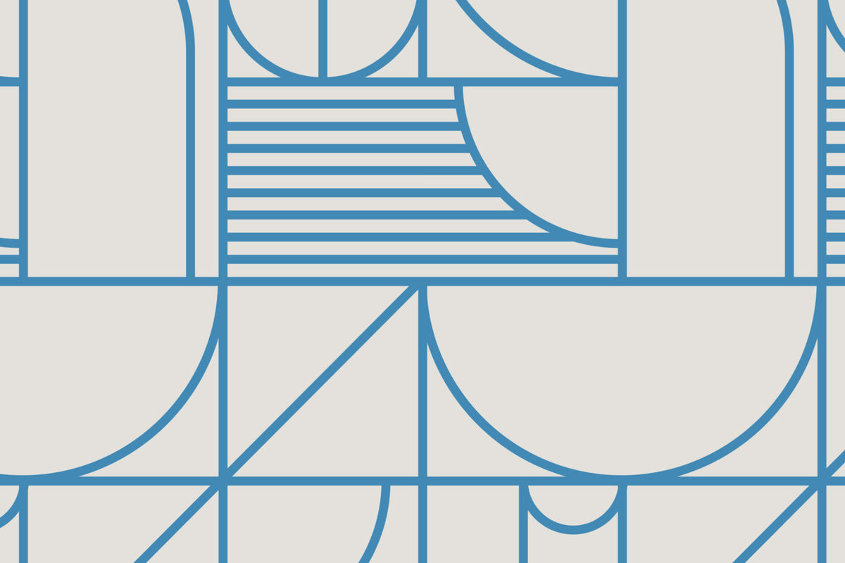 Flat pattern view of The Deco Blueprint wallpaper in azure blue, showing the geometric arches and grid lines