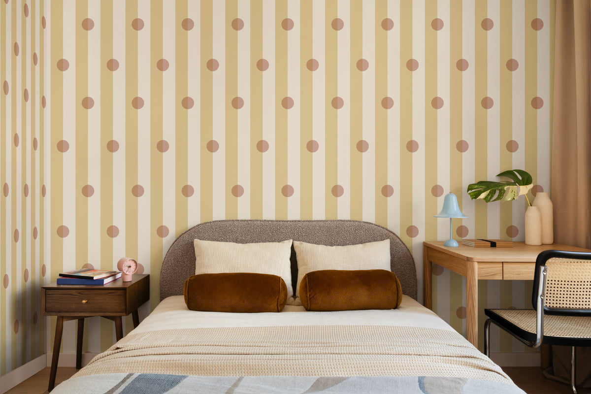 The Dotted Awning mural in primrose and blush behind the bed in a bedroom