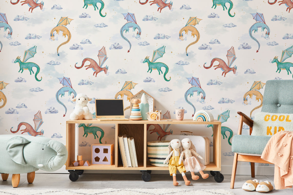 The Dragon Skies wallpaper in chalk white on a nursery wall