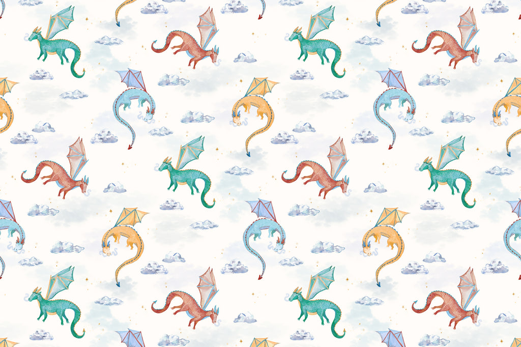 Flat pattern view of The Dragon Skies wallpaper in chalk white, showing the watercolour dragons and clouds
