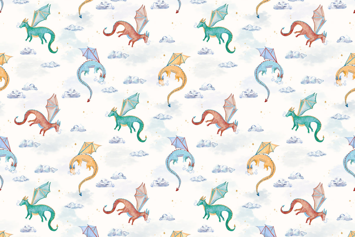 Flat pattern view of The Dragon Skies wallpaper in chalk white, showing the watercolour dragons and clouds