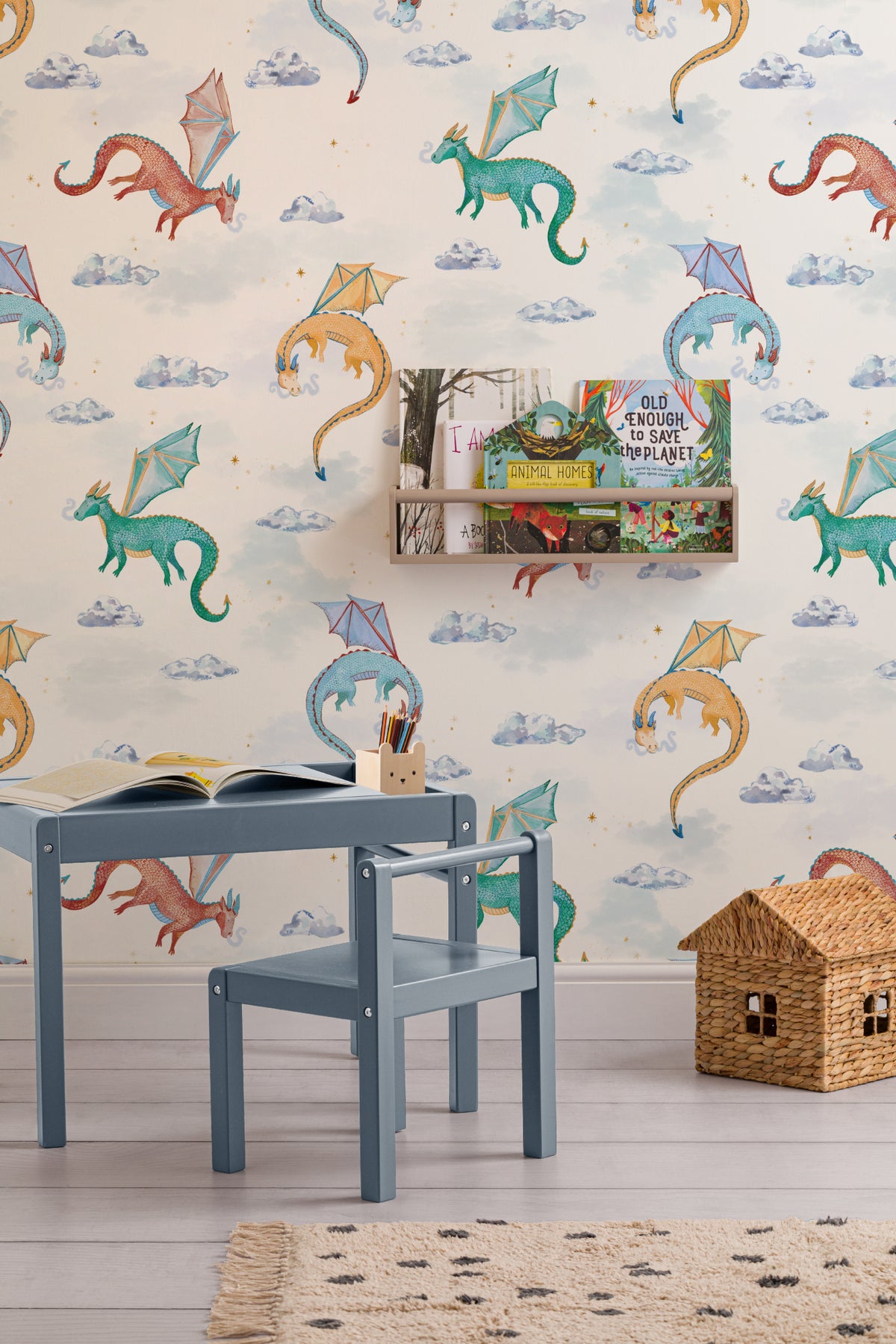 The Dragon Skies wallpaper in chalk white in a child's bedroom