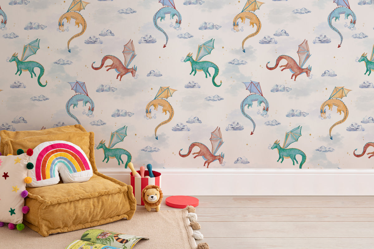 The Dragon Skies wallpaper in chalk white in a children's room setting