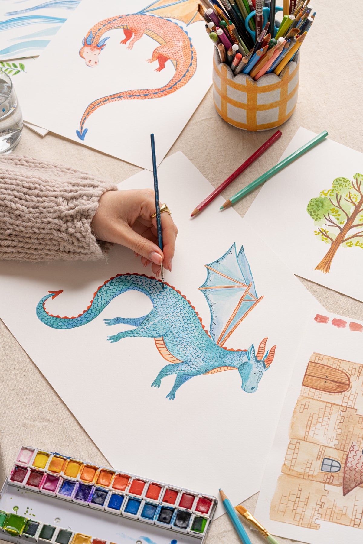 Angled detail of The Dragon Skies wallpaper in chalk white