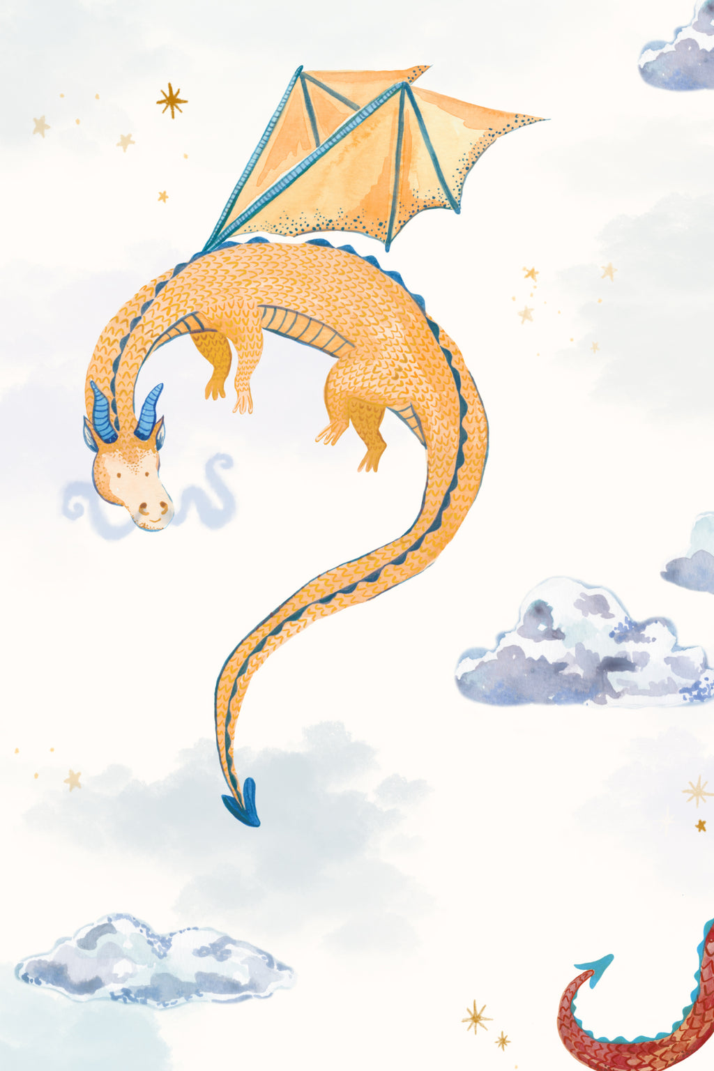 Close-up of The Dragon Skies wallpaper in chalk white showing the watercolour dragons and clouds in detail