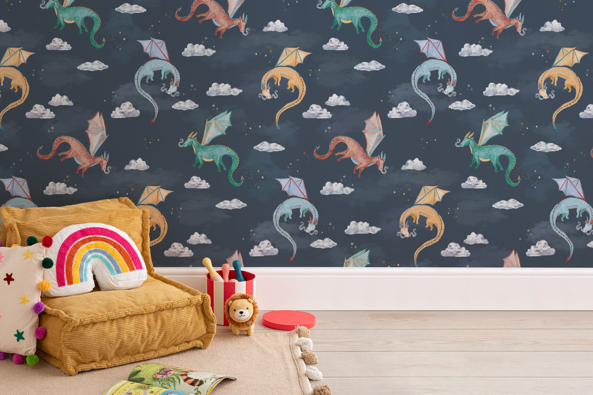 The Dragon Skies wallpaper in midnight navy on a nursery wall
