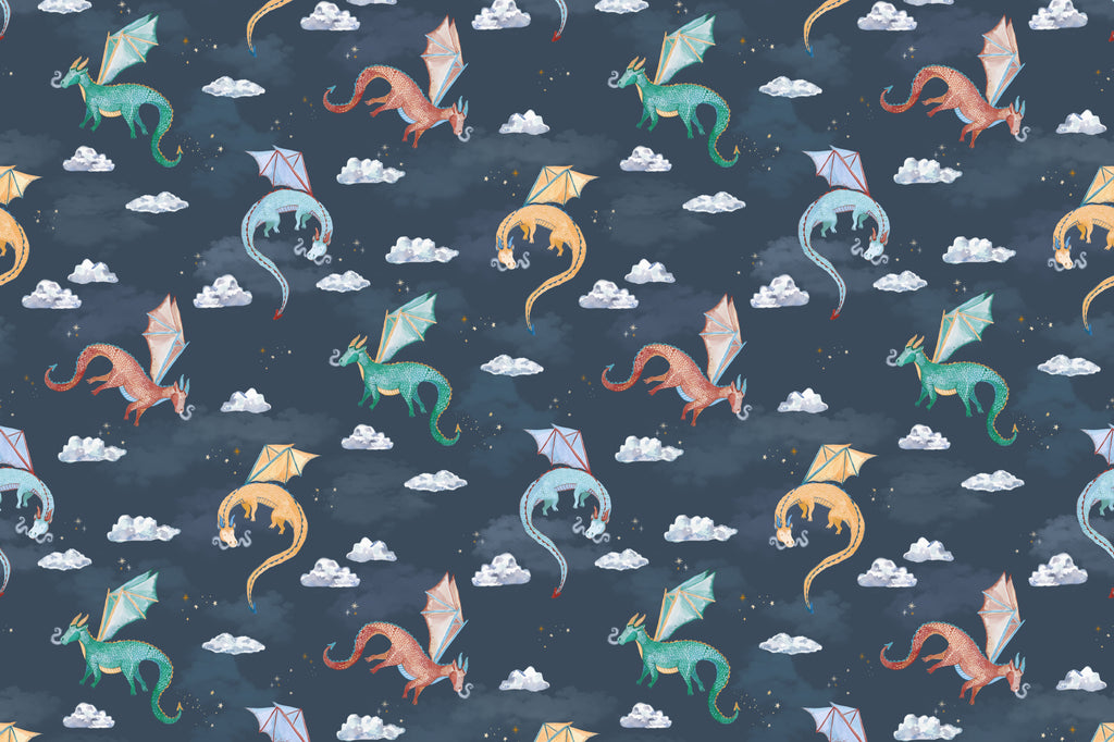 Flat pattern view of The Dragon Skies wallpaper in midnight navy, showing the watercolour dragons and stars