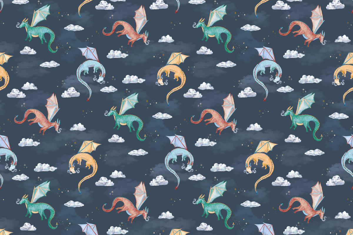 Flat pattern view of The Dragon Skies wallpaper in midnight navy, showing the watercolour dragons and stars