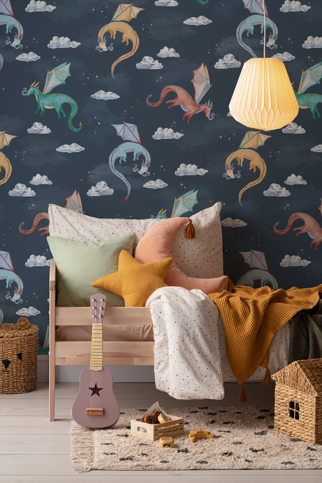 The Dragon Skies wallpaper in midnight navy in a child's bedroom