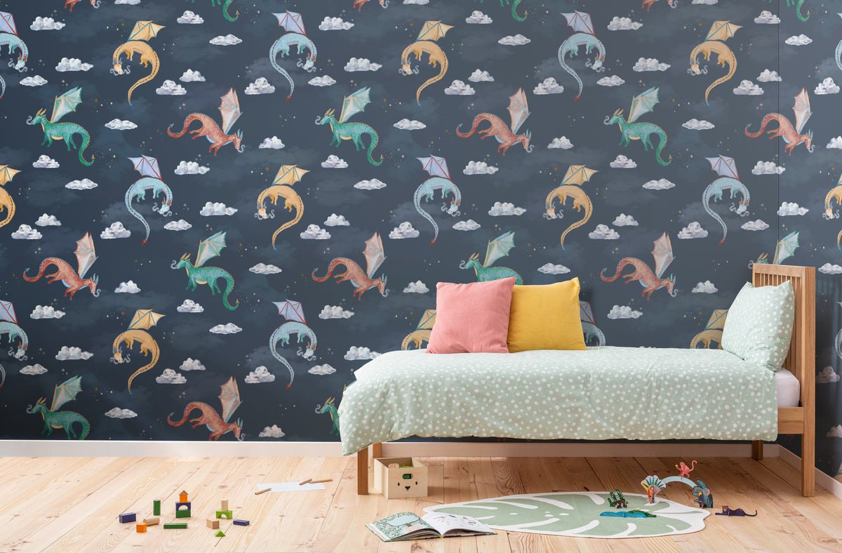 The Dragon Skies wallpaper in midnight navy in a children's room setting