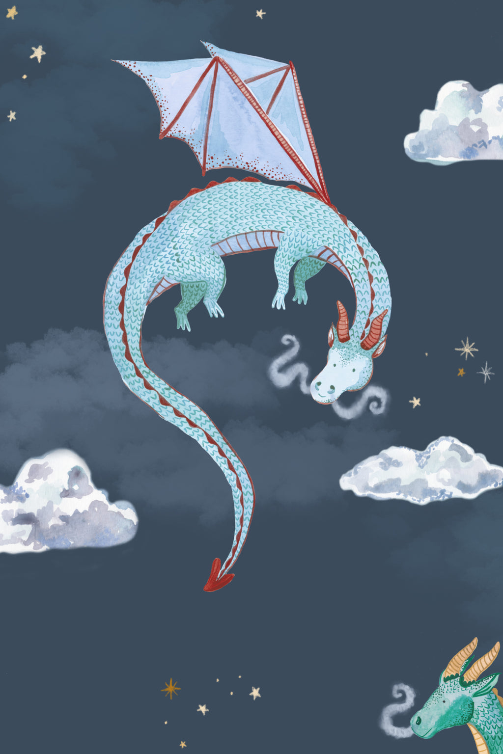 Close-up of The Dragon Skies wallpaper in midnight navy showing the watercolour dragons and stars in detail
