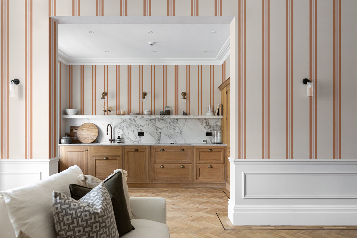 The Draughtsman Stripe wallpaper in burnt orange in a kitchen
