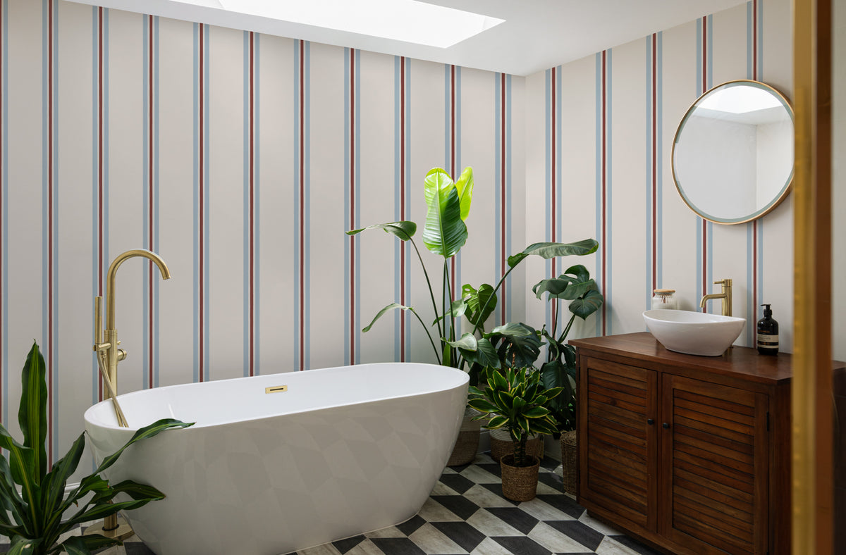 The Draughtsman Stripe wallpaper in sky blue in a bathroom